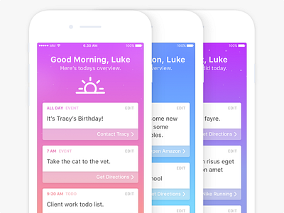 Calendar and Reminder Aggregator App aggregator app calendar cards day gradient ios morning night planner reminders todo
