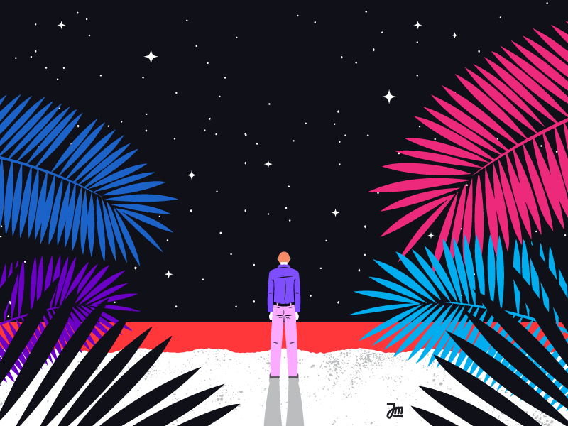 Escape animation beach cartoon character eyes guy illustration night palms stars water weird
