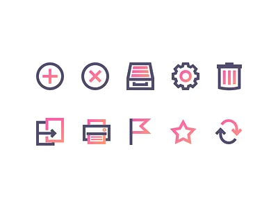 Generic icons with gradients add cog config copy delete flag gradient icon print refresh remove trash