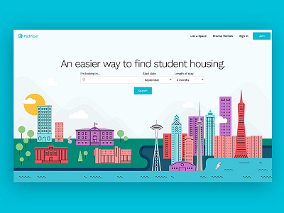 PadPiper Homepage colorful community homepage housing illustration modern padpiper search student typography ux website