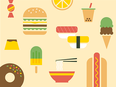 Food Illustration color donut food hamburger hot dog ice cream illustration lemon noodle pattern pudding sushi