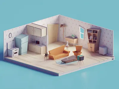 60s/70s Low poly living room b3d blender days of poly furniture home house isometric living room low poly render room