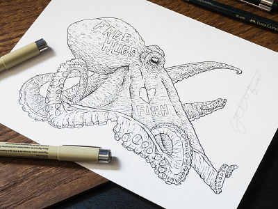 Free Hugs animal artwork drawing illustration octopus pen and ink study