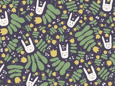 Forest pattern with hares and flowers backdrop background flat floral flower forest hare pattern rabbit seamless vector