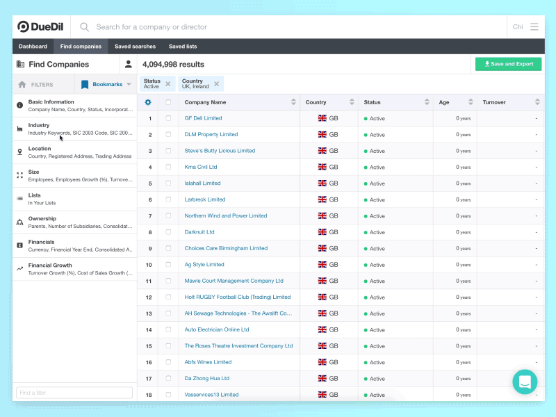 DueDil Advanced Search Re-Design advanced company data filter finance fintech layout product search side bar ui ux