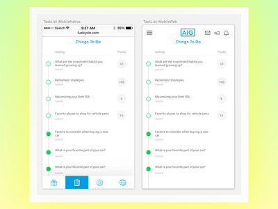 Task List - Mobile (Native and Web) - AIG mobile native ui web