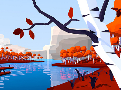 River autumn birch cinema 4d low poly river