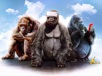 Three Wise Monkeys banana concept funny headphones mobile monkey music three wise monkeys visual vr