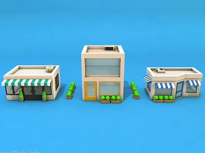 Low Poly Buildings 3d Model 3d building cafe cartoon cinema 4d city company low poly market polygonal shop store