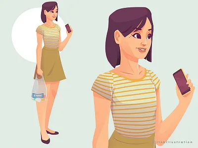 Grocery Shopping girl character cute girl grocery handphone plasticbag shopping vector