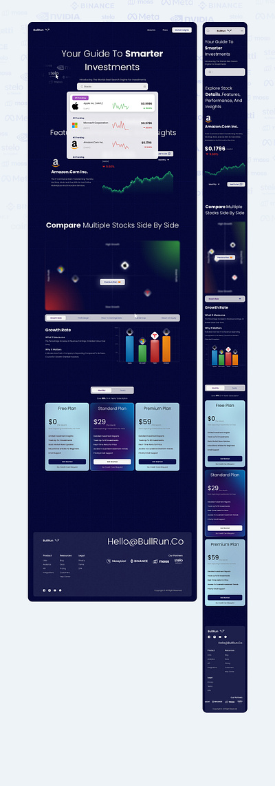 BullRun (stocks and invests platform) best blue compare footer header investment landing mask minimal mobile monthly navy plans stocks subscription ui ux website