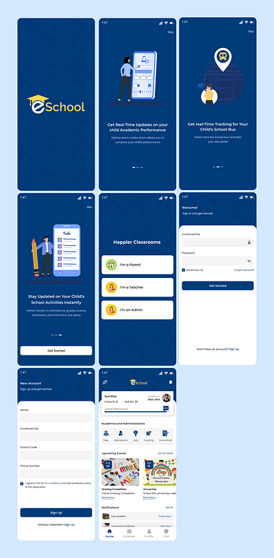 E-School mobile aplication app dashboard eschool loginpage design logo mobile apllication mobile appliation design mobileapp school application ui uiux design ux