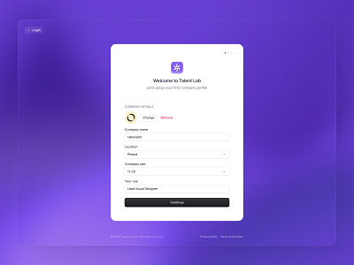 Talent Lab / Company profile setup ai app configurator design desktop desktopapp flow gradient hr modal product productdesign steps ui ui design uidesign ux uxdesign webapp wizard