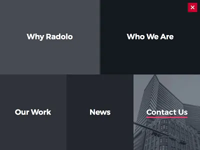 Menu Navigation Interface close desktop grid hover large text layout menu minimal navigation overlay simple website
