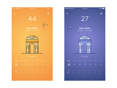 Weather App app card day night debut delhi illustration india gate moon sun temperature weather