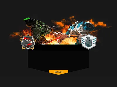 Screen of "Choose your side" 3d art mecha robots techwar ui