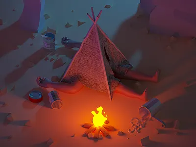 Camping 3d c4d camp camping fire isometric macho man night wild