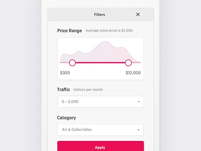Filters for Exchange dropdown exchange filters graphs mobile pink purple shopify sort
