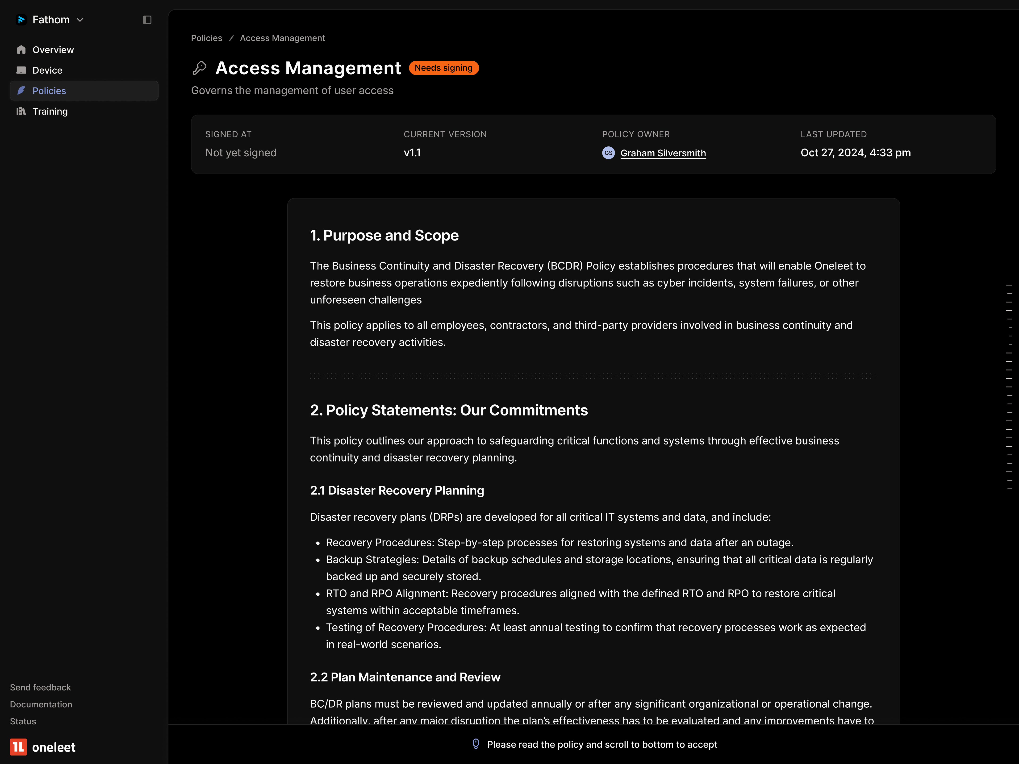Compliance Policy Detail View - Dark Mode Explorations compliance dark dark mode detail detail view figma minimal oneleet policy product design saas security sidebar soc2 ui web