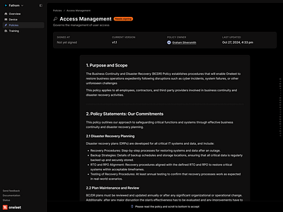 Compliance Policy Detail View - Dark Mode Explorations compliance dark dark mode detail detail view figma minimal oneleet policy product design saas security sidebar soc2 ui web