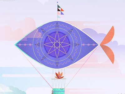 Fish ship airship details dreamy ethereal fish float grain hot air balloon illo illustration sky texture