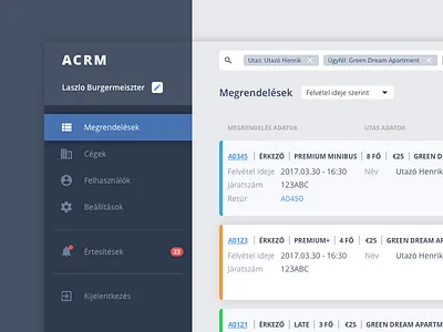 ACRM - Airport transfer CRM card crm dashboard filter flat notification order search sidebar transfer web webdesign