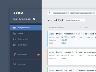 ACRM - Airport transfer CRM card crm dashboard filter flat notification order search sidebar transfer web webdesign
