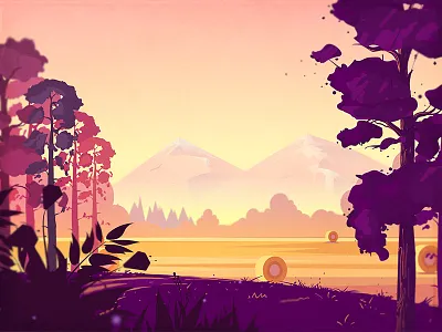 Nature landscape cute farm fields game background illustration modern mountains orange pink purple silhouette trees