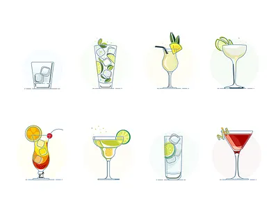 drinks - icon set alcohol cosmopolitan daiquiri drinks icon icon set illustration mojito pina colada tequila sunrise vector vodka