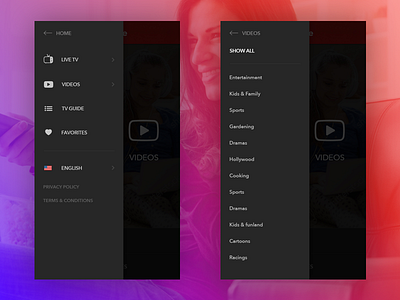 Viddigo - Menu Interactions - Black theme app interaction ios app streaming tv app video video app web