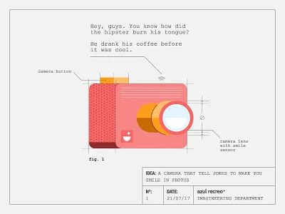 A camera that tell jokes azul recreo camera fun gadget idea illustration imagineers invention joke photo sketch smile
