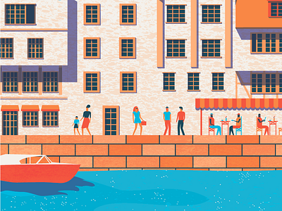 Old Town Poster Illustration boat design flat house illustration illustrator people poster texture town vector water