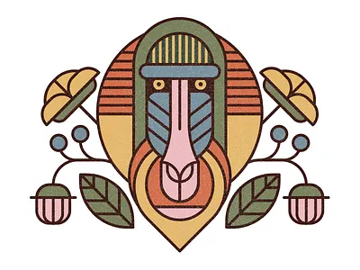 Mandrill animal exploring flower illustration mandrill monkey nature plant stroke style texture