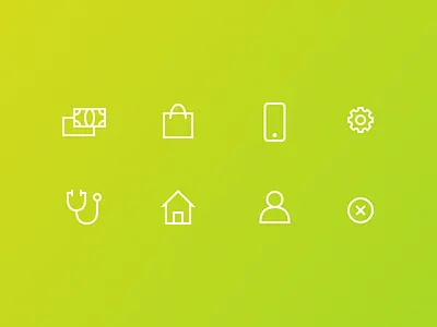 Category Icons close health home money personal settings shopping technology