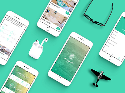 Revelton app design green hotels ios light map mobile registration rooms uiux wishlist