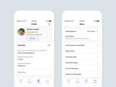 UrbanClap Partner Profile and Menu clean ios profile ui ux visual design