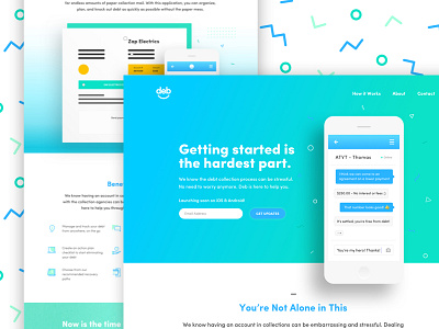 Deb Website application bright collections debt management engaging fresh fun icons illustration shapes texture website