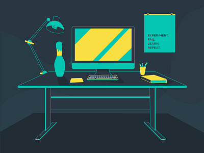 My Desk blue bowling pin desk ikea imac office teal workspace yellow