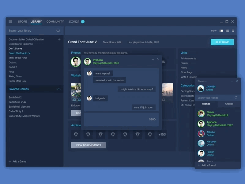 Steam Chat - Principle Prototype animation minimal prototype steam ui user interface