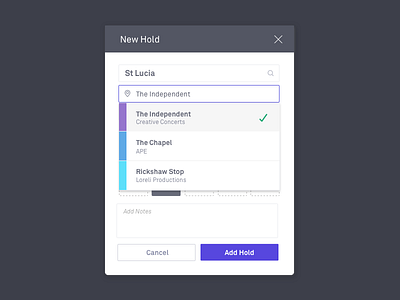 Adding a new hold booking calendar dialog dropdown modal venues