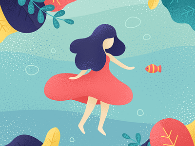 Girl And Fish cute fish girl leaves ocean plants swimming texture vector