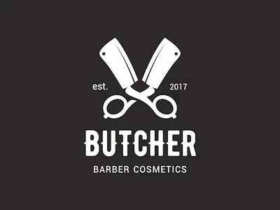 Butcher barber barbershop butcher cleaver cosmetics knife logo scissors