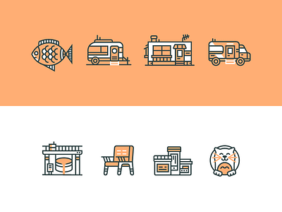 Icon Set branding caravan cat chair fish illustration line art medicine rv