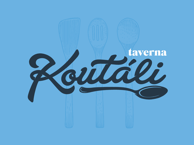 Koutali blue and white branding design estiatorio fat brush script graphic design greece greek restaurant mono width script spoon