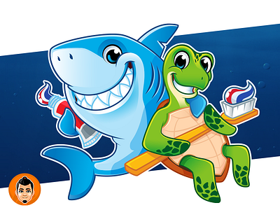 Shark and Sea Turtle Mascot for a dental clinic dental sea shark toothbrush toothpaste turtle