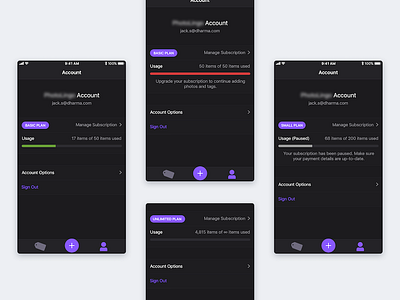 Account Usage View account dark interface ios