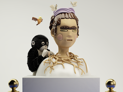 Frida self-portrait homage 3d art bird cgi character frida history kawaii mexico monkey sculpture shiny