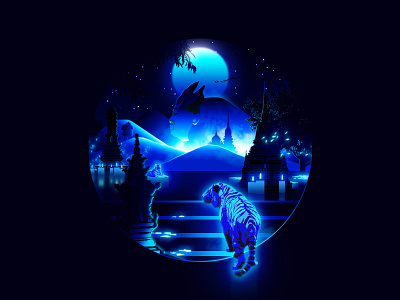 Shangri-La: Inspirited 2d animal art blue buddha design flat glow graphic design illustration landscape light night paradise photoshop scenery shangrila stars tiger web