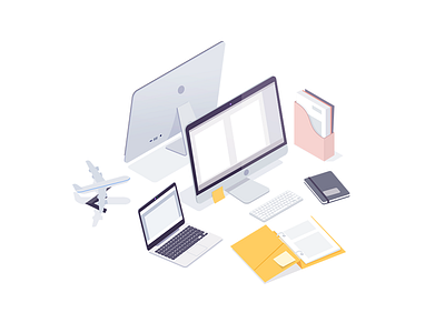 Office stuff airplane documents illustration isometric office rboy rocketboy stuff work