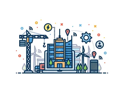 Smart city development building city crane development energy future illustration laptop smart technology vector